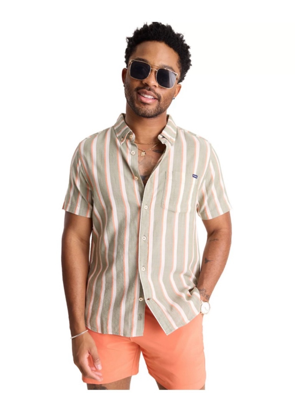 chubbies Olive, White & Orange Vertical Stripe Short Sleeve Button-Up Shirt